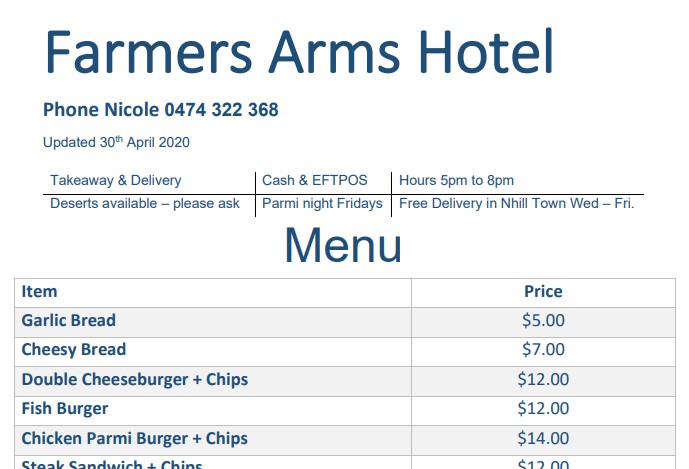 Farmers Arms Menu